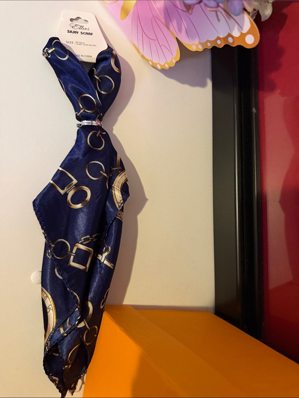 Unlisted Navy Blue and Gold Patterned Silky Scarf